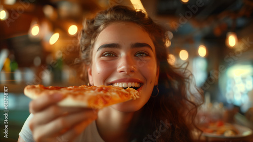 Funny brunette Italian girl eating pizza at restaurant  close-up portrait