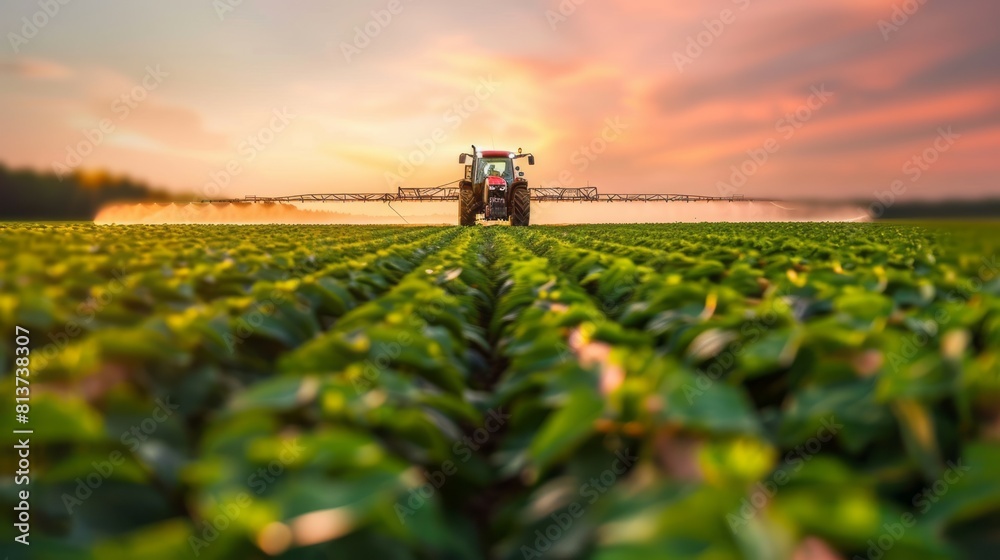 Tractor in Action Spraying Pesticides on a Soybean Field Tractor in Action Spraying Pesticides on a Soybean Field
