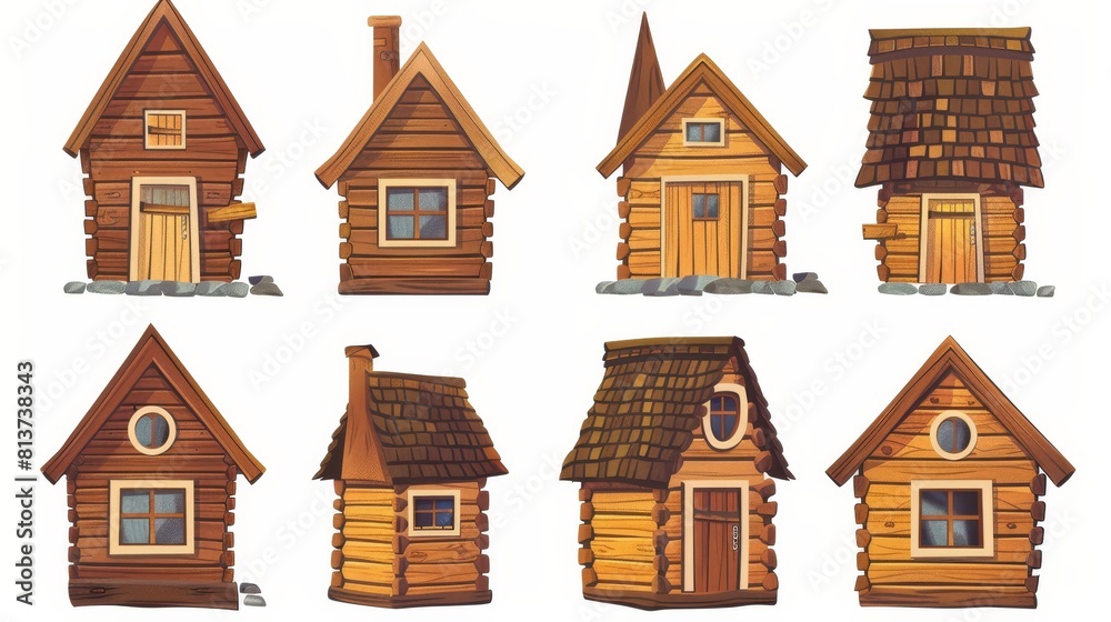 The woodsy cabin with doors, windows, and chimney. Cartoon modern illustration of a mountain chalet or a forest shack. Rural building for a winter or summer vacation.