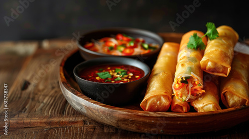 a depiction of a plate of crispy Thai spring rolls (Po Pia Tod) served on a wooden board, filled with a savory mixture of vegetables, glass noodles, and minced pork, accompanied  photo