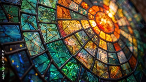 A highly detailed and vibrant close-up illustration of stained glass mosaic patterns, showcasing intricate shapes and textures in a spectrum of vivid colors, creating an abstract and luminous artwork.