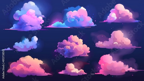 An abstract, pink cloud on a purple-blue gradient sky. A realistic modern illustration set of magic and dreamy pastel cumuli that look like candy cotton. photo