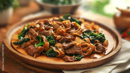 a depiction of a plate of  (Thai stir-fried noodles) served on a wooden platter, featuring wide rice noodles cooked with tender slices of beef or chicken, Chinese broccoli, and sweet soy sauce. photo