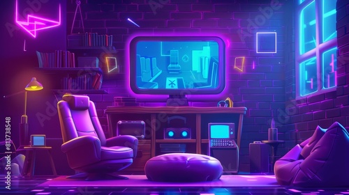 A cartoon home gamer zone interior featuring a purple lounge with neon glowing elements on the walls  a TV set with a console and joystick  and a bean bag armchair.
