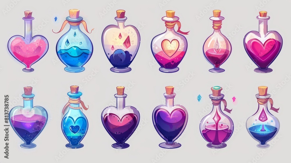 Animated modern set of open heart-shaped glass flask, label, puff cloud effect, alchemy lab assets, love potion bottle animation sprite sheet. Animated modern set of open heart-shaped glass flask, label, puff cloud effect, alchemy lab assets, love potion bottle animation sprite sheet.