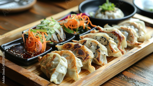 a depiction of a platter of mandu (Korean dumplings) arranged on a wooden board, filled with a savory mixture of pork, vegetables, and glass noodles, served with a dipping sauce on the side.