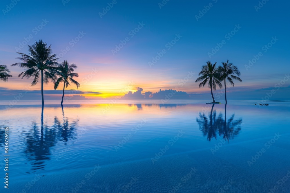 A serene swimming pool setting with palm trees under a golden sunset sky