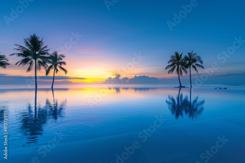 A serene swimming pool setting with palm trees under a golden sunset sky