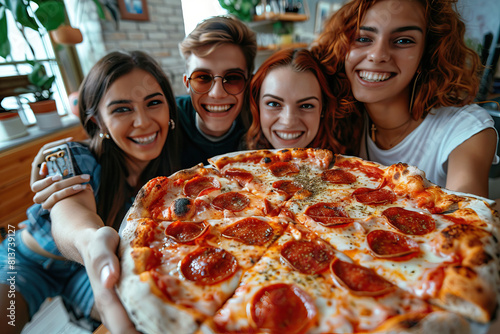 Friends taking selfies and eating pizza