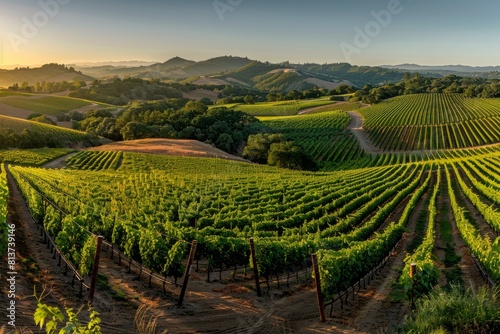 A panoramic view of grapevines in a California vineyard during sunset, with the sun casting a warm glow over the rows of vines photo
