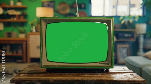 Stunning Closing shot of an old television set with a green screen mock-up showing a chroma key template display. Nostalgic Retro Nineties Technology Concept. A vintage television set displayed in a photo