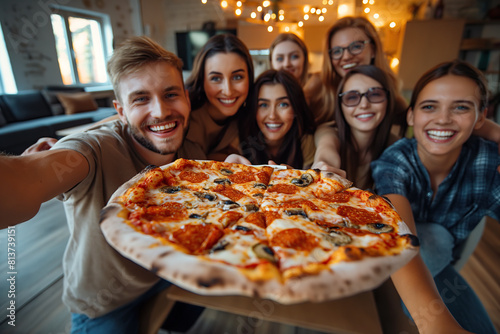 Friends eating a pizza, taking a group selfie and having fun during a house party
