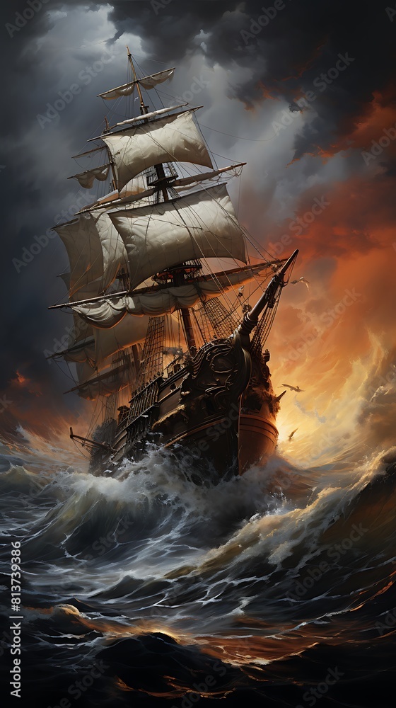 A historic sailing ship navigating through treacherous waters