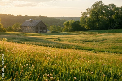 An old barn stands in a grassy field as the sun sets, casting a warm glow over the landscape
