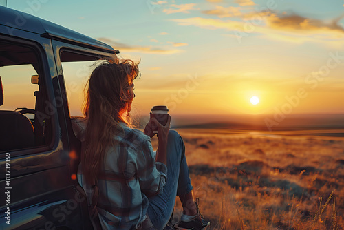 A young woman in a car on a background of mountains sits relaxed and drinks hot tea watching the sunset