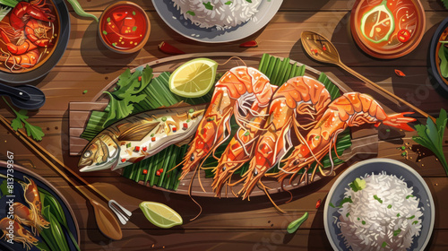 a depiction of a traditional Thai seafood feast on a wooden banquet table, featuring grilled fish, shrimp, and squid served with spicy seafood dipping sauce, fresh herbs, and jasmine rice.