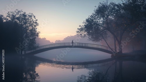 A lone figure standing on a bridge over a foggy river at dawn, capturing a moment of quiet reflection during travel photo