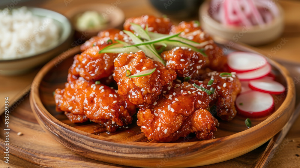 an image of a plate of crispy fried chicken (yangnyeom chicken) glazed with sweet and spicy sauce, served on a wooden platter with pickled radishes and a side of rice, perfect for a casual meal. an image of a plate of crispy fried chicken (yangnyeom chicken) glazed with sweet and spicy sauce, served on a wooden platter with pickled radishes and a side of rice, perfect for a casual meal.