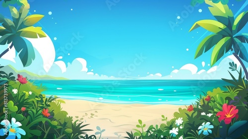 An animated summer beach scene with blue sky  green grass  and flowers on the tropical seaside coast. Nice Caribbean lagoon beautiful scene panorama banner.