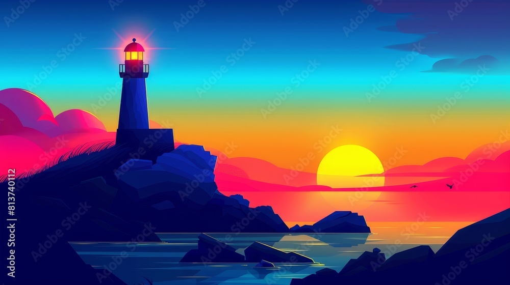 Stunning cartoon landscape of a sunset or sunrise with a lighthouse on a rocky coast of an island in the ocean or sea, with a yellow and pink gradient sky. Modern illustration with a lighthouse