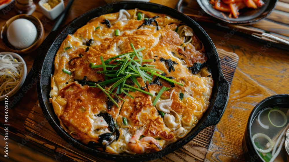 an image of a seafood pancake (haemul pajeon) sizzling on a cast iron skillet set on a wooden counter, filled with a variety of fresh seafood and scallions, perfect for sharing with friends.