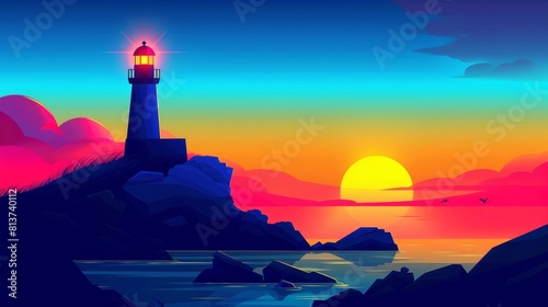 Stunning cartoon landscape of a sunset or sunrise with a lighthouse on a rocky coast of an island in the ocean or sea, with a yellow and pink gradient sky. Modern illustration with a lighthouse