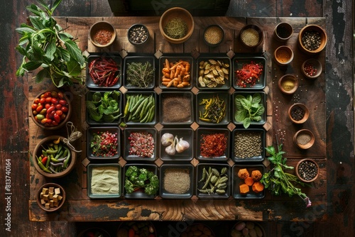 Various types of fresh herbs and spices laid out in an orderly fashion on a wooden table