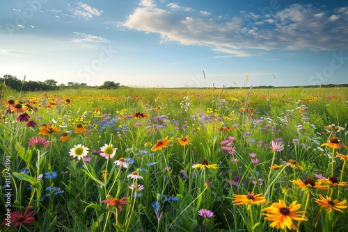 Vast meadow filled with colorful wildflowers under a blue sky  golden sunlight illuminating the scene