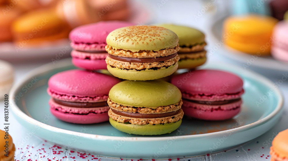 Macarons on a dotted plate with tea setting - An elegant presentation of macarons on a polka-dotted plate accompanied by tea, conveying a sophisticated and delightful teatime atmosphere Macarons on a dotted plate with tea setting - An elegant presentation of macarons on a polka-dotted plate accompanied by tea, conveying a sophisticated and delightful teatime atmosphere