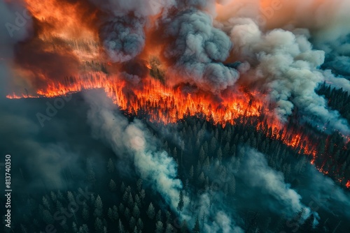 Aerial view of forest engulfed in flames with thick plumes of smoke billowing into the sky