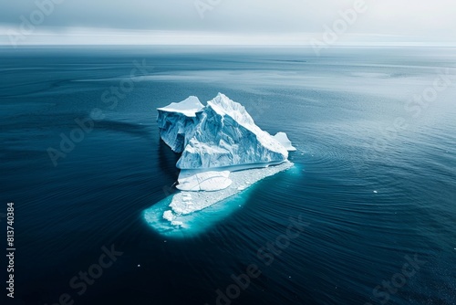 Aerial view of a massive iceberg floating in the deep blue sea  with towering jagged peaks contrasting against the ocean