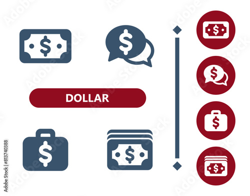 Dollar icons. Dollar bill, bills, banknote, cash, money, chat bubble, briefcase, wealth icon