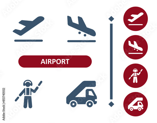 Airport Icons. Travel, Tourism, Plane, Airplane, Runway Worker, Marshaller, Stair Truck Icon