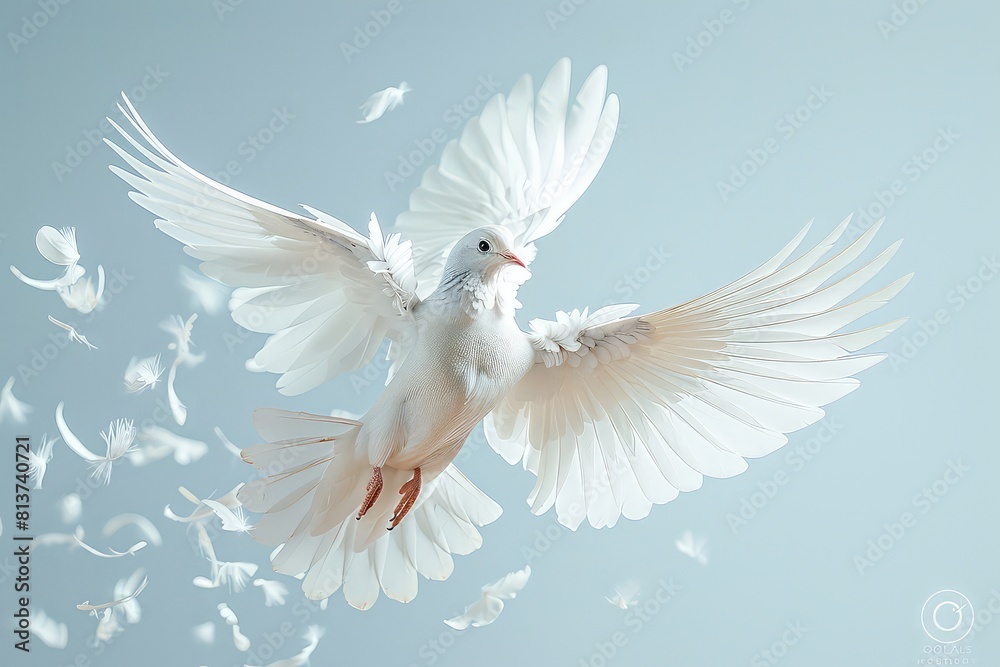 Fototapeta premium Peaceful white dove in the blue sky air with wings wide open