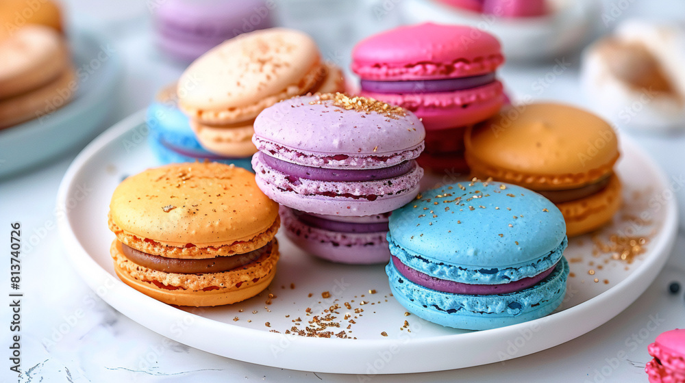 Macarons on a dotted plate with tea setting - An elegant presentation of macarons on a polka-dotted plate accompanied by tea, conveying a sophisticated and delightful teatime atmosphere