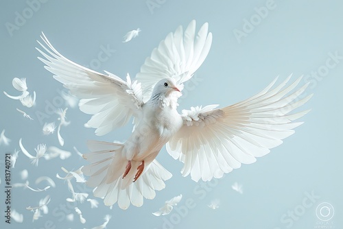 Peaceful white dove in the blue sky air with wings wide open