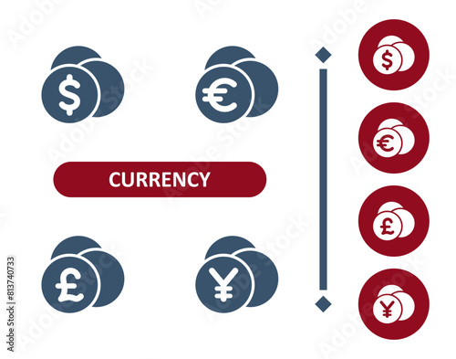 Currency icons. Dollar, euro, pound, pound sterling, yen, yuan, coin, coins icon