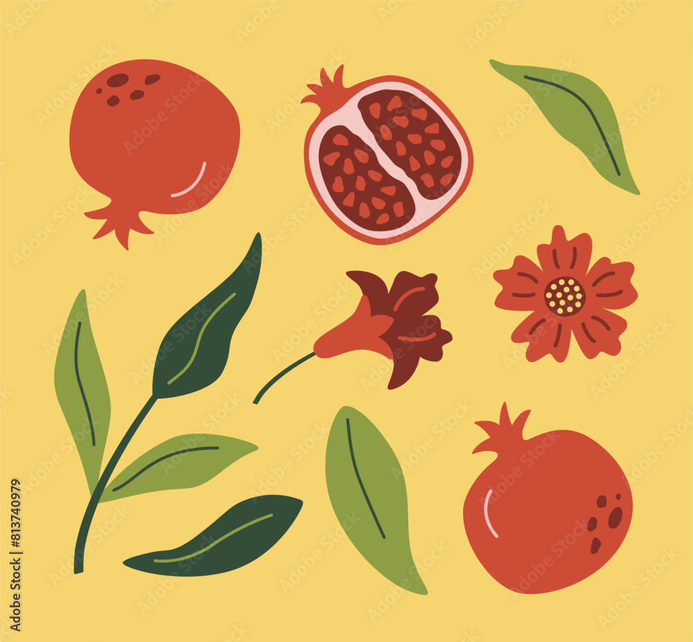 Modern abstract illustration pomegranate with leaves, branches and flowers. Fruit pattern. Vector design for card. Modern abstract illustration pomegranate with leaves, branches and flowers. Fruit pattern. Vector design for card.