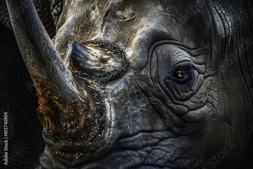 Detailed view of a rhinos face  emphasizing its expressive eyes and textured skin