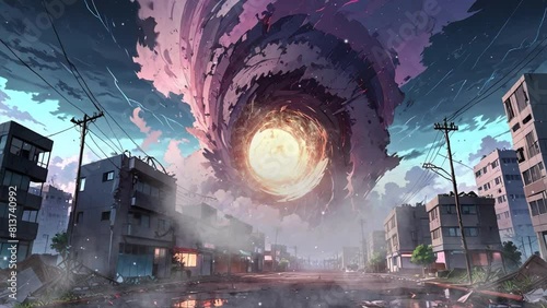 Apocalyptic Skyline: Anime-Style 4K Video of a City Street Engulfed in Chaos as Tornado Destroys Buildings photo