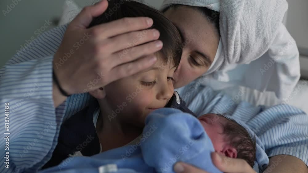 Family Welcomes Newborn at Hospital - Brother Holds Baby as Mother Looks On, Celebrating First Sibling Bonding Family Welcomes Newborn at Hospital - Brother Holds Baby as Mother Looks On, Celebrating First Sibling Bonding