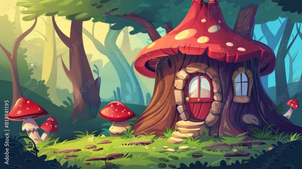 Small elf or gnome hut with mushrooms, window and door on the lawn with green grass in forest. Cartoon modern illustration of fabulous scenery.