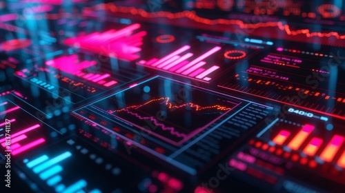 Closeup of a futuristic financial dashboard displaying crypto currency trends with glowing neon colors