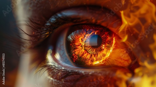 Closeup of a human eye reflecting a world on fire, a powerful metaphor for witnessing global warming