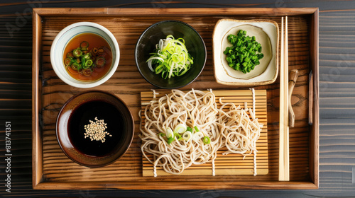 a depiction of a soba noodle set on a wooden tray, featuring cold buckwheat noodles served with dipping sauce, sliced green onions, and grated wasabi, perfect for a refreshing summer meal. photo