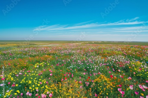 A vast field in the desert bursting with colorful wildflowers under a clear blue sky extending to the horizon