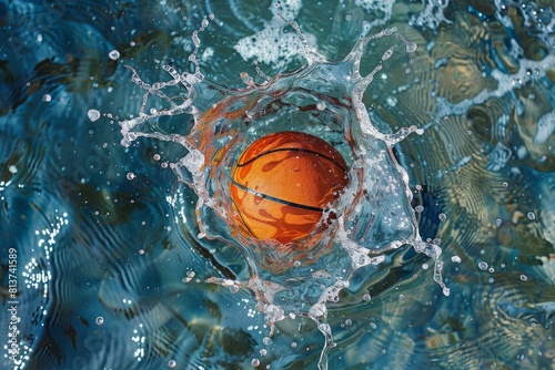 A basketball ball in motion, splashing into the waters surface © Ilia Nesolenyi