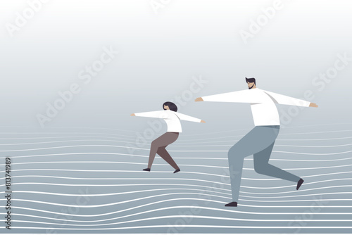 A man and woman walking over a surface with turbulant wavy lines
