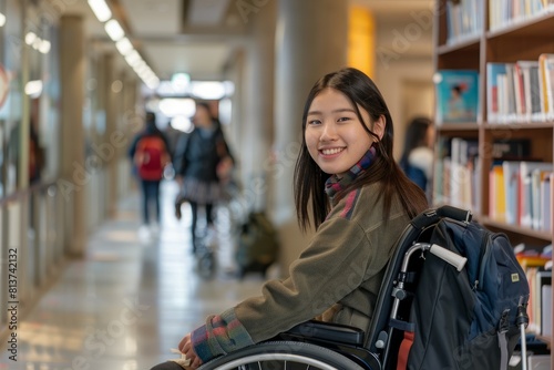 A cheerful Asian student in a wheelchair navigating the librarys busy corridors