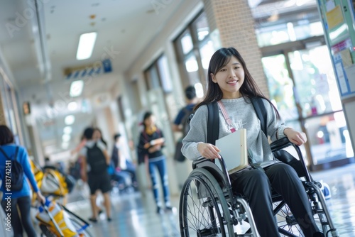 A cheerful young Asian student in a wheelchair navigating a bustling educational hallway © Ilia Nesolenyi